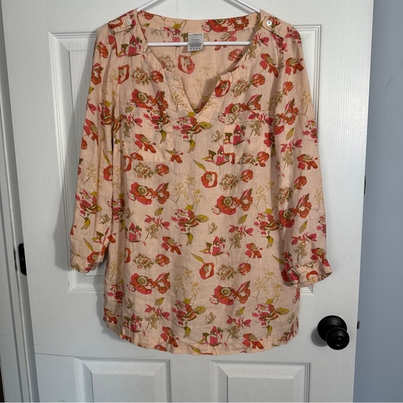 Lands End sz. 12 100% linen floral tunic, pink, 3/4 slv., fall, office, date - Picture 1 of 11